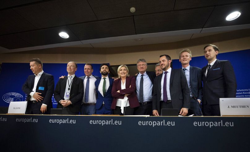 French far-right National Rally leader Marine Le Pen and other far-right politicians announce the formation of a new far-right European Parliament group in Brussels, June 2019