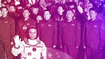 Commander Tang Hongbo for the Shenzhou-17 mission waves to attendees during a send-off ceremony at the Jiuquan Satellite Launch Centre, in northwestern China, October 2023