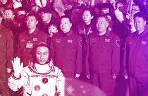 Commander Tang Hongbo for the Shenzhou-17 mission waves to attendees during a send-off ceremony at the Jiuquan Satellite Launch Centre, in northwestern China, October 2023