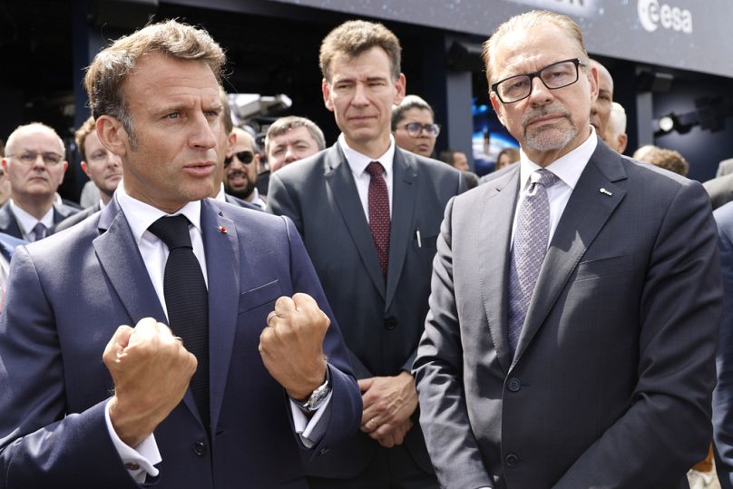 French President Emmanuel Macron, National Centre for Space Studies Administrator Philippe Baptiste and ESA CEO Josef Aschbacher at the International Paris Air Show, June 2023