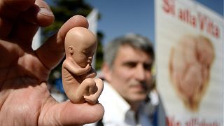 Un attivista pro-vita, anti-aborto e pro-famiglia mostra un feto di gomma durante la "Marcia per la famiglia" nell'ambito della conferenza del Congresso mondiale delle famiglie (WCF) nel marzo 2019.