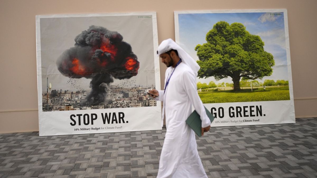 Плакаты "Остановите войну" и "Забота об экологии" на COP28
