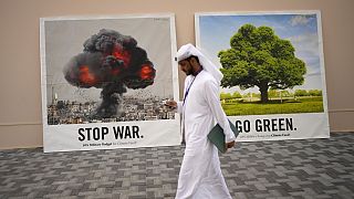 A person walks past signs that read "stop war" and "go green" at the COP28 UN Climate Summit, Dec. 8, 2023, in Dubai, United Arab Emirates.