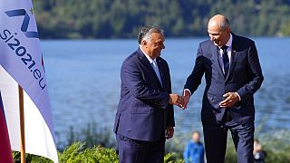 Orbán Viktor és Janez Jansa akkori szlovén miniszterelnök 2021-ben Bledben