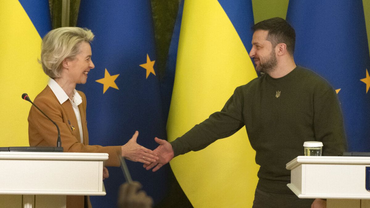 Συνάντηση της Ουρούσλα φον ντερ Λάιεν της ΕΕ και του Βολοντίμιρ Ζελένσκι της Ουκρανίας στο Κίεβο τον Φεβρουάριο του 2023