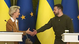 The EU's Urusla von der Leyen and Ukraine's Volodymyr Zelenskyy meeting in Kyiv in February 2023