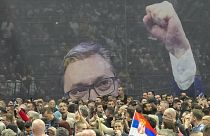 Alekszandar Vucsics szerb elnök választás előtti gyűlése Belgrádban