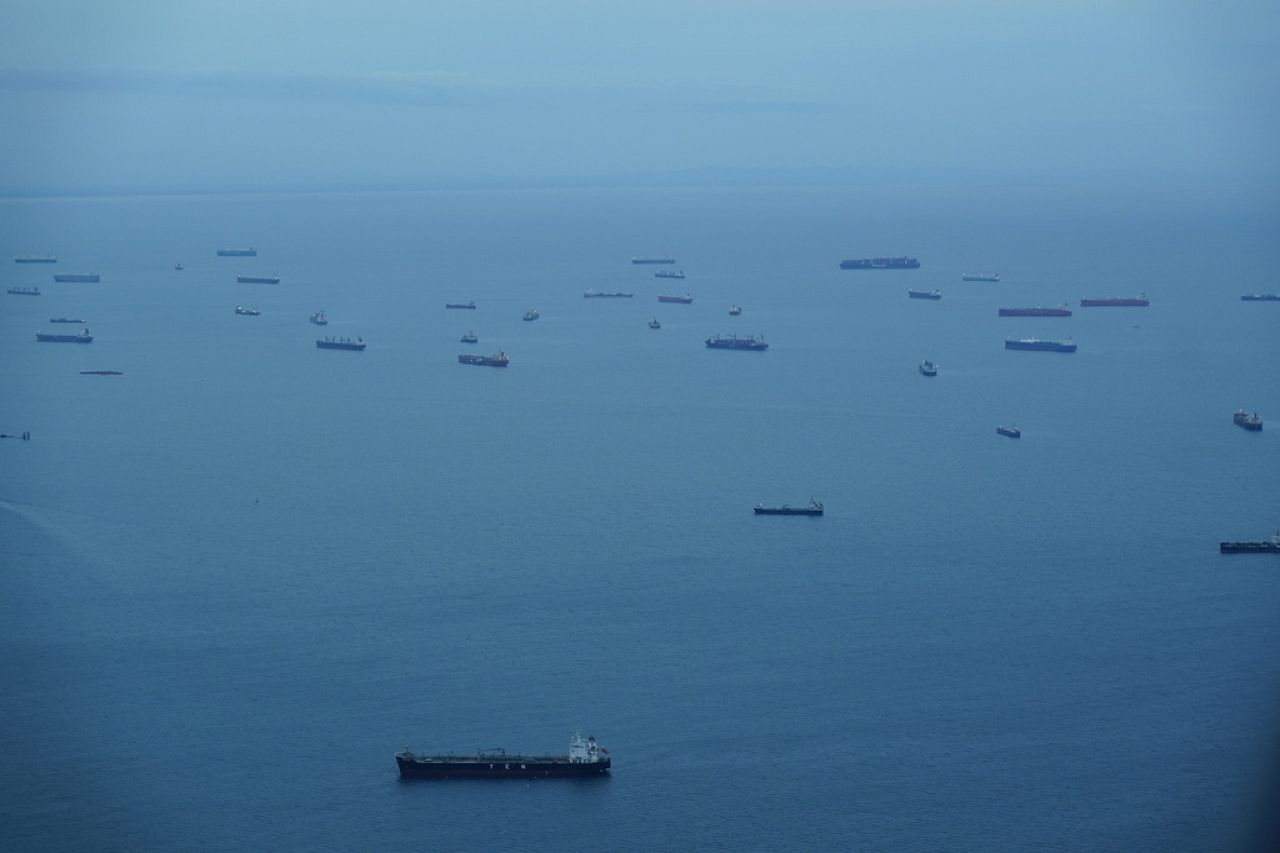 Cargo ships wait in Panama Bay for their transit through the Panama Canal in September.