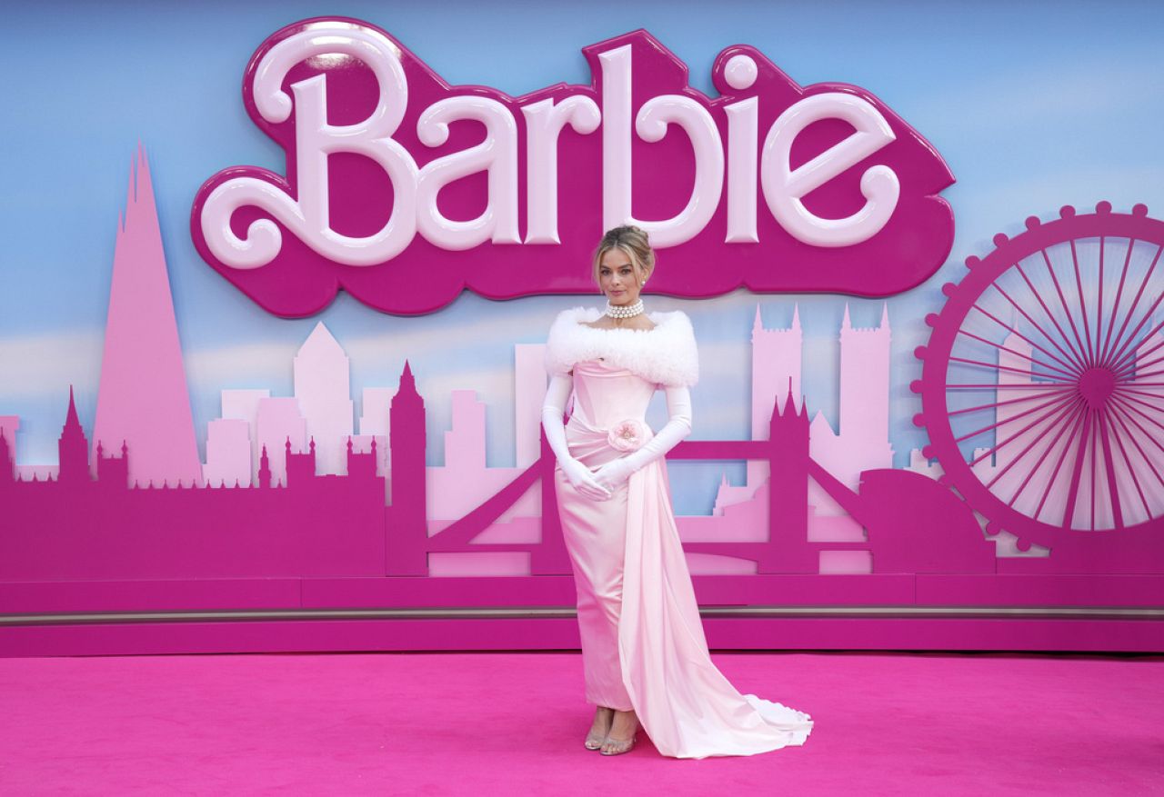 Margot Robbie poses for photographers upon arrival at the premiere of the film 'Barbie' on Wednesday, July 12, 2023, in London.