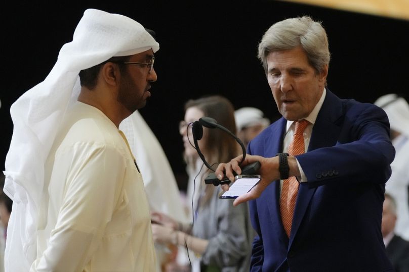COP28 President Sultan al-Jaber and John Kerry, US Special Presidential Envoy for Climate, at the COP28 in Dubai, December 2023