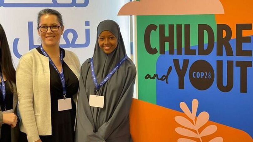 Nafiso, 16 (right) and Inger Ashing at the Children and Youth Pavilion at COP28.