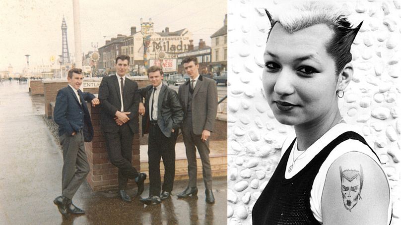 Teddy Boys on Blackpool Beach, Feb 1965 (Left) A punk with a Soo Catwoman tattoo on her shoulder, UK 1980 (Right)