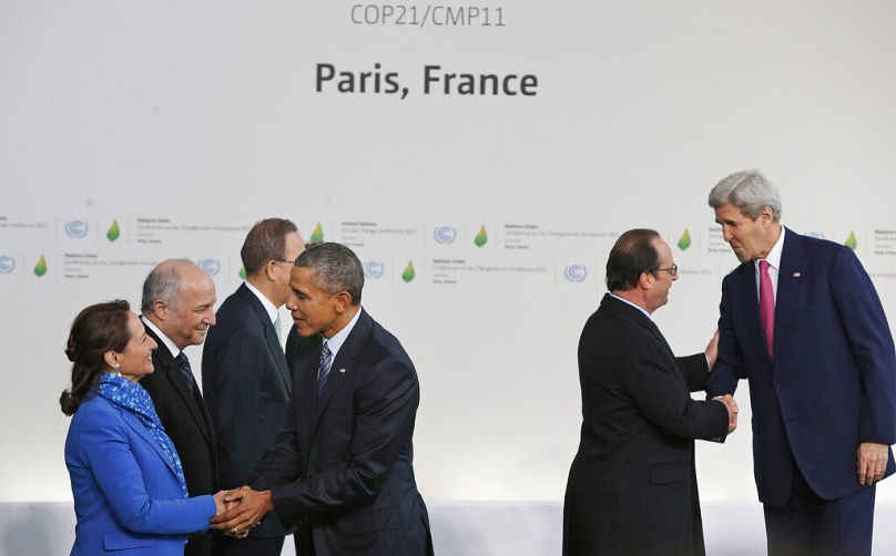 US President Barack Obama and Secretary of State John Kerry arrive for the COP21 in Paris, November 2015