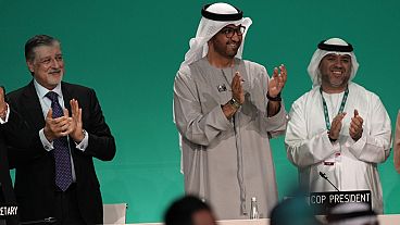 COP28 President Sultan al-Jaber, center, claps after passing the global stocktake at the COP28 U.N. Climate Summit, Wednesday, Dec. 13, 2023, in Dubai, United Arab Emirates.