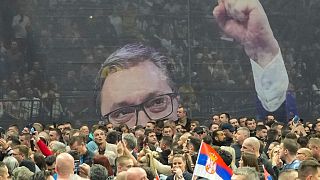 An image of Serbian President Aleksandar Vucic is seen during a pre-election rally of his ruling Serbian Progressive Party in Belgrade, Serbia, Saturday, Dec. 2, 2023.
