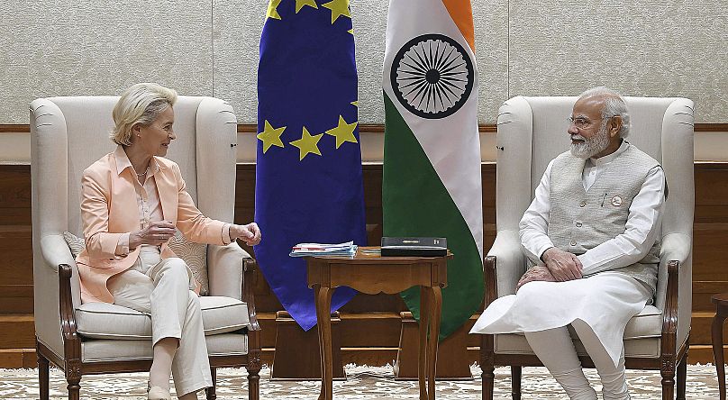 EU Commission President Ursula von der Leyen and Indian Prime Minister Narendra Modi sit during their meeting in New Delhi, April 2022