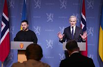 Ukrainian President Volodymyr Zelenskyy, left, and Norway's Prime Minister Jonas Gahr Støre attend a press conference at the government's representative residence in Oslo