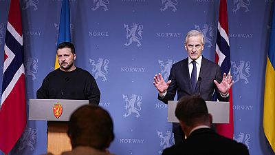Ukrainian President Volodymyr Zelenskyy, left, and Norway's Prime Minister Jonas Gahr Støre attend a press conference at the government's representative residence in Oslo