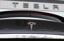 FILE - The Tesla company logo shines off the rear deck of an unsold 2020 Model X at a Tesla dealership, April 26, 2020, in Littleton, Colo. 