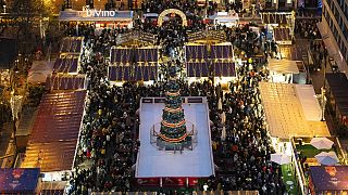 An aerial view of the Advent Bazilika, one of Europe's most famous outdoor Christmas markets in Budapest, Hungary.