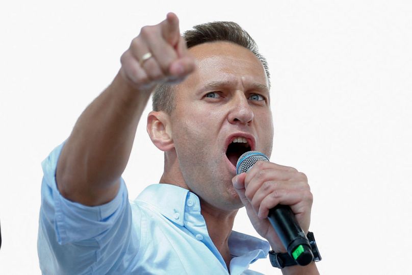 Jailed Russian opposition leader Alexei Navalny addresses demonstrators during a rally in 2019