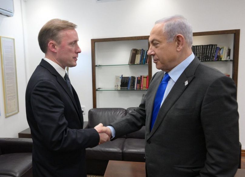 sraeli Prime Minister Benjamin Netenyahu (R) meets with US President Joe Biden's National Security Advisor Jake Sullivan (L) in Tel Aviv, Israel on Thursday