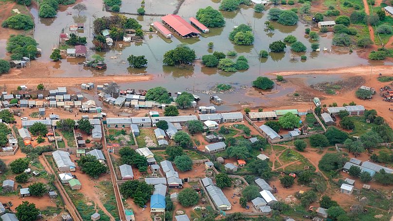 An aerial view shows a flooded area in Mandera County,Kenya, Wednesday, Dec. 13, 2023.