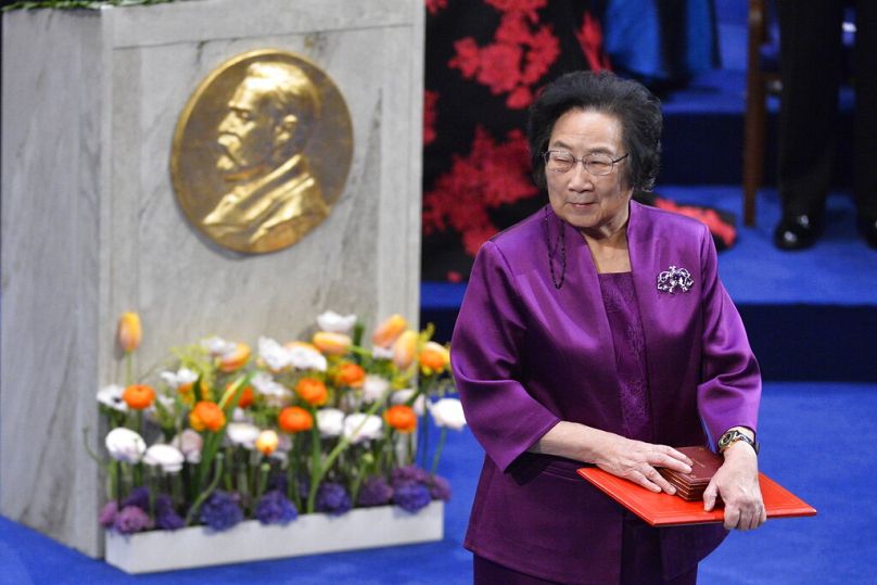 The 2015 Nobel medicine or physiology laureate Professor Tu Youyou of China receives her award during the 2015 Nobel prize award ceremony in Stockholm, December 2015