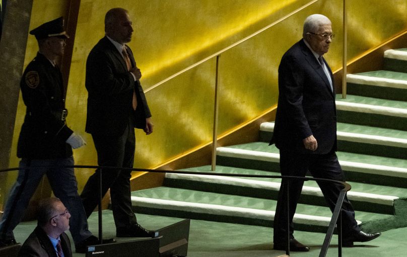 Palestinian Authority President Mahmoud Abbas walks towards the podium to address the 78th session of the United Nations General Assembly, September 2023