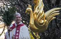 Le coq de Notre-Dame béni par l'archevêque de Paris, Monseigneur Laurent Ulrich, samedi 16 décembre 2023.