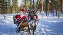 Papa Noel pasea junto a Rudolph