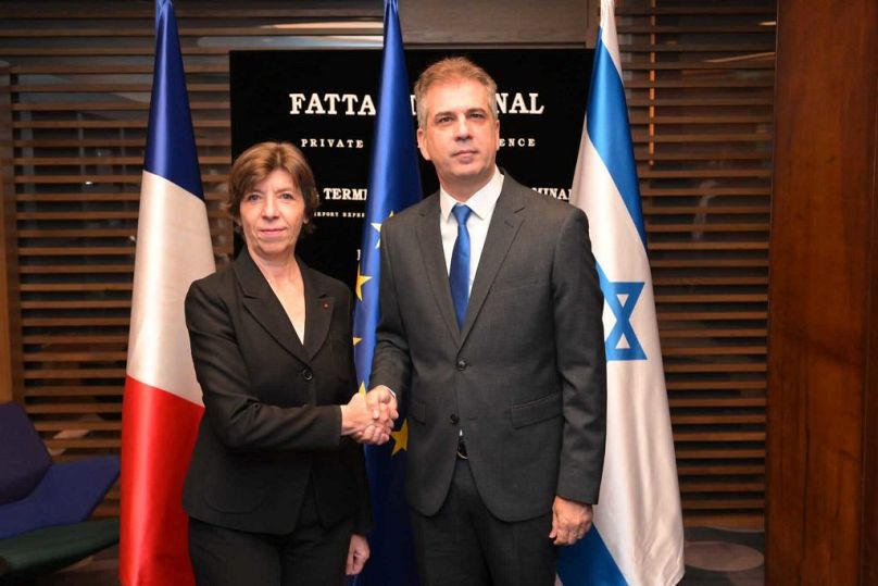 rench Foreign Minister Catherine Colonna (L) meets Israeli Foreign Minister Eli Cohen (R) in Tel Aviv, Israel on Sunday