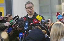 Serbian President Aleksandar Vucic speaks to the media after casting his ballot for a parliamentary and local election at a polling station in Belgrade, Serbia