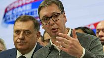 Serbian President Aleksandar Vucic speaks to the media in his party headquarters after a parliamentary and local election in Belgrade, Serbia, Sunday, Dec. 17, 2023.