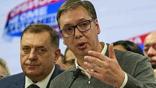 Serbian President Aleksandar Vucic speaks to the media in his party headquarters after a parliamentary and local election in Belgrade, Serbia, Sunday, Dec. 17, 2023.