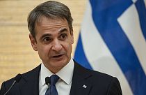 Greek Prime Minister Kyriakos Mitsotakis speaks during a joint press conference with Japanese Prime Minister Fumio Kishida in Tokyo, Monday, Jan. 30, 2023.