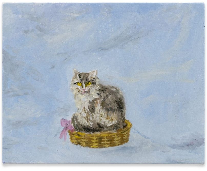 Karen Kilimnik, The cat sitting in its favorite basket out in the blizzard, the Himalaya, (2020)