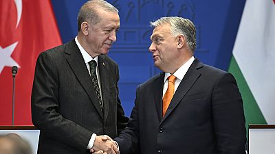 Der türkische Präsident Recep Tayyip Erdogan und der ungarische Ministerpräsident Viktor Orban geben sich nach einer gemeinsamen Erklärung in Budapest, Ungarn, die Hand.