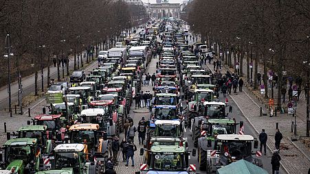 German farmers protest with their tractors at the Brandenburg Gate in Berlin, December 19th 2023