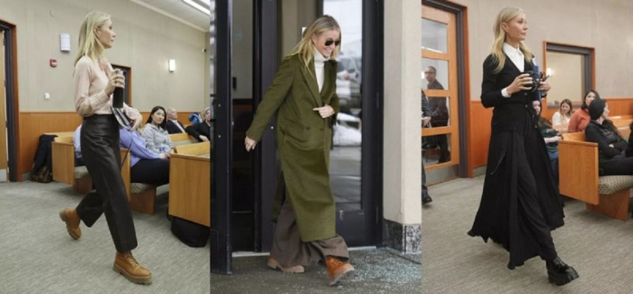 This combination of photos show actor Gwyneth Paltrow at the courthouse for her trial in Park City, Utah on March 28, 2023, from left, March 21, and on March 27.