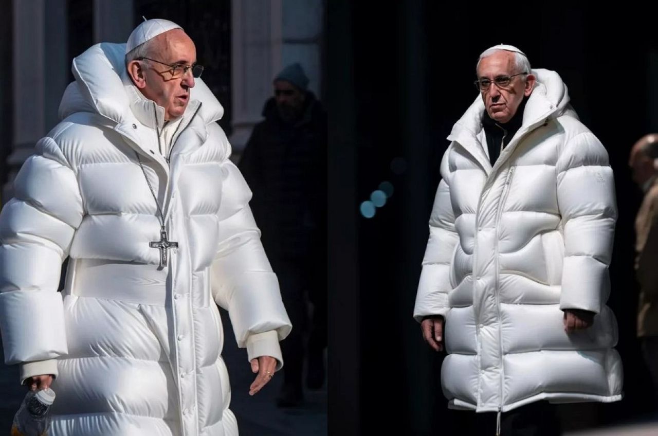 An AI generated image of Pope Francis looking dapper in a white puffer jacket