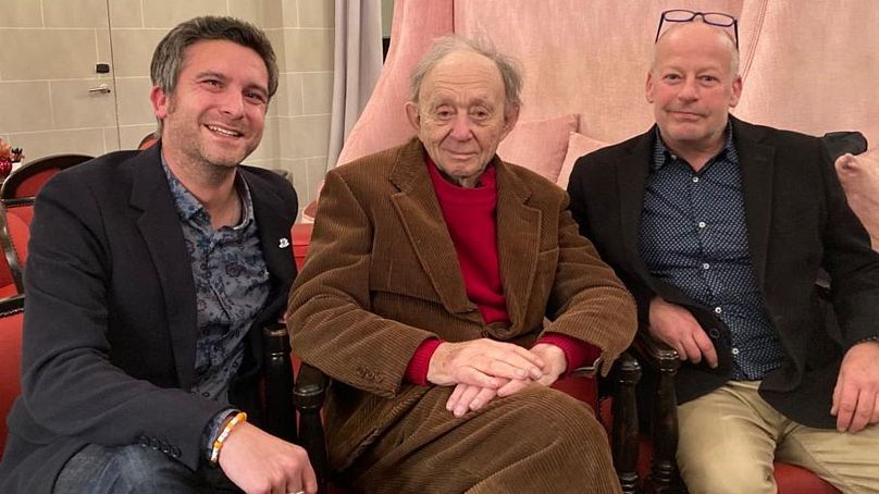 Frederick Wiseman (centre), with David Mouriquand (left) and Fred Ponsard (right)