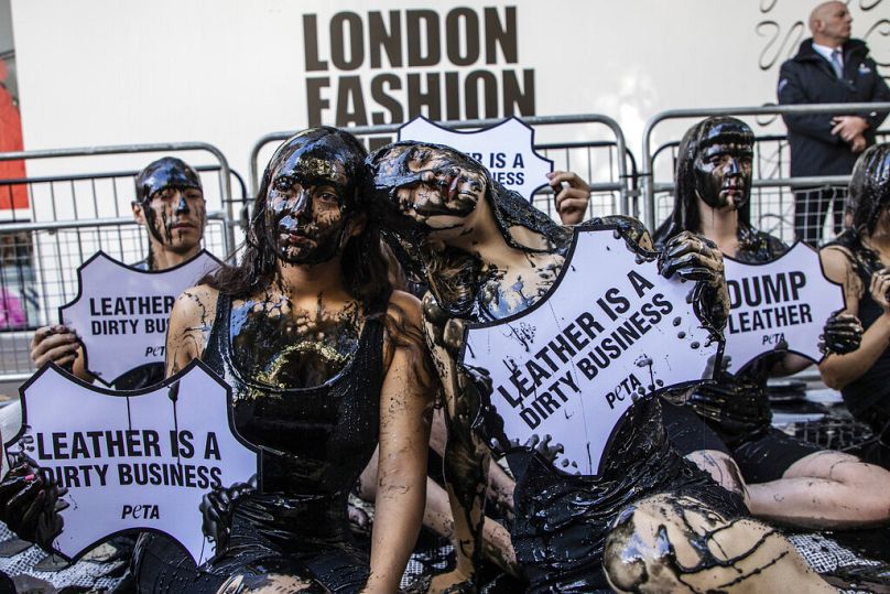 PETA activists protesting the leather industry at London Fashion Week in 2019.