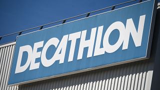 The logo at a store of French sports goods retailer Decathlon in Montpellier, southern France.