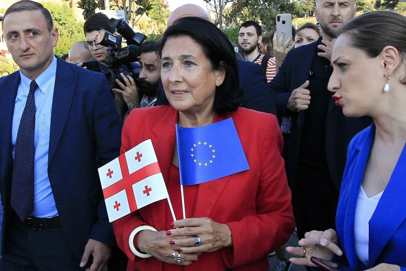 Georgian President Salome Zourabichvili attends a public rally in support of Georgia's EU aspirations in Tbilisi, June 2022