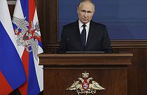 El presidente ruso, Vladímir Putin, se dirige este martes a la plana mayor del Ministerio de Defensa y de las Fuerzas Armadas