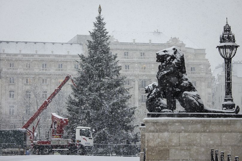 Workers decorate a Christmas tree in front of the parliament building in Budapest, Hungary. Nov. 30, 2023.