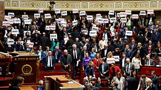 Left-wing coalition NUPES members of parliament hold signs reading "Liberte", "Egalite", "fraternite" in the French National Assembly. 