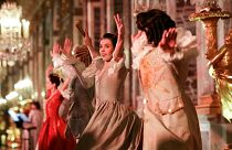 Dancers of the Royal Opera Ballet in period costumes perform in the "Galerie des Glaces" as part of the so-called "Parcours du Roi" (The King's Journey) show