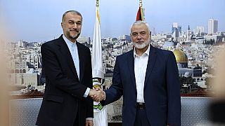 El ministro de Relaciones Exteriores de Irán, Hossein Amirabdollahian, le da la mano al jefe de Hamas, Ismail Haniyeh, durante su reunión en Doha, Qatar, el 20 de diciembre de